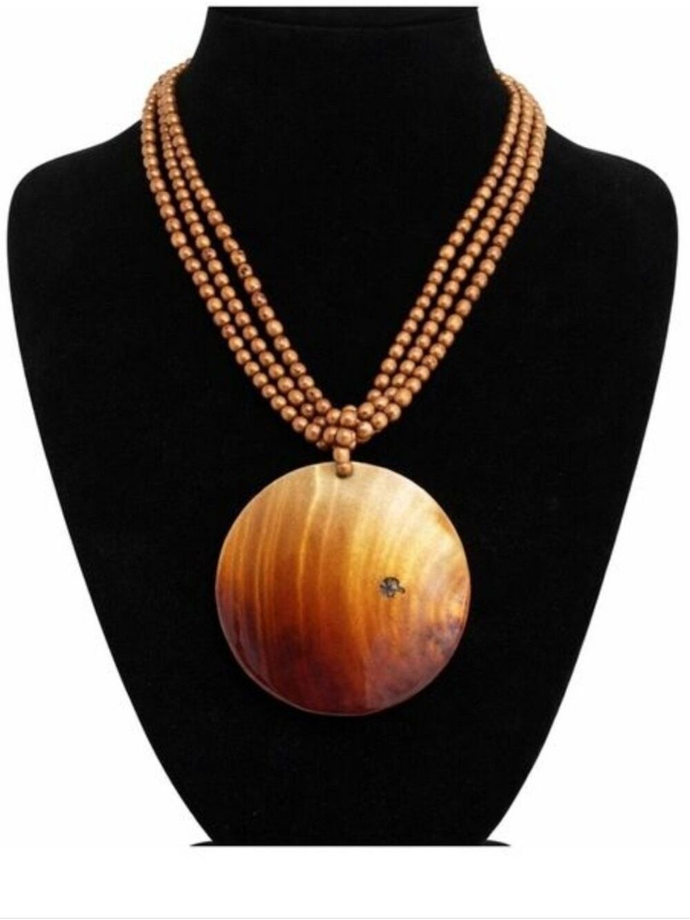 Statement Shell Pendant Necklace Triple Strand Beaded Brown Gold 12”